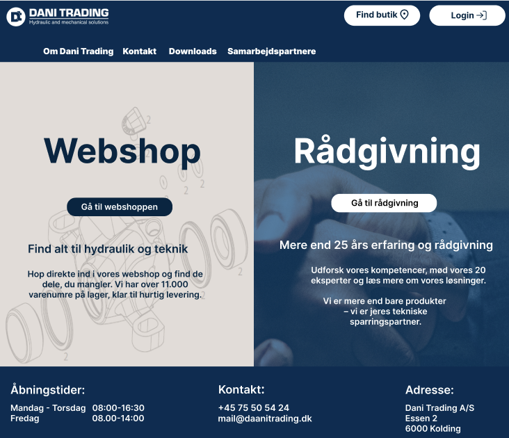 Dani Tradings velkomstside delt i to: Webshop og Rådgivning