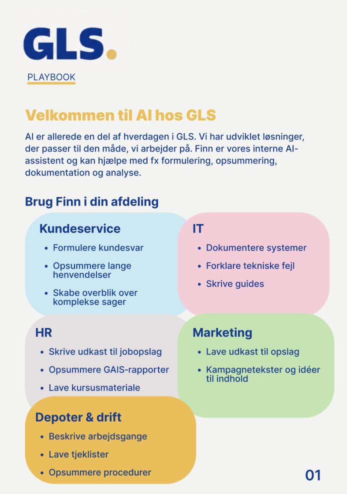 Siden Velkommen til AI hos GLS med eksempler på brug af Finn i fem afdelinger