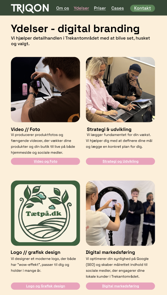 Triqons side med fire ydelser: video og foto, strategi og udvikling, logo og grafisk design samt digital markedsføring